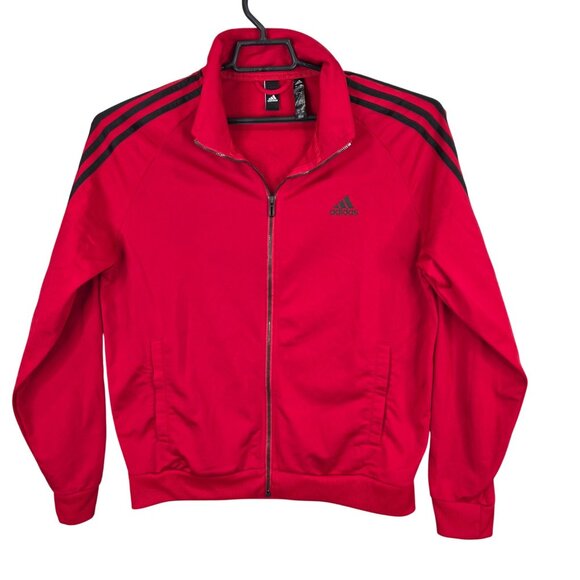Mens Adidas Red Track Jacket Black Stripes Full Zip 100% Polyester Size L - Picture 1 of 8